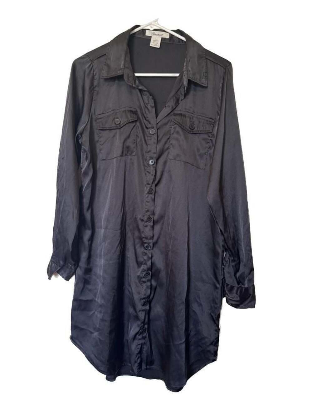 Passport Black Satin Long Sleeve Utility Shirt Dress